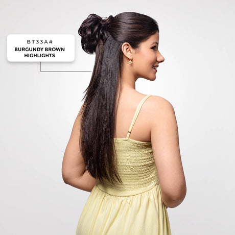 Messy Bun Extension | Japanese Fiber | Brown with Burgundy Highlights | Smooth Wear