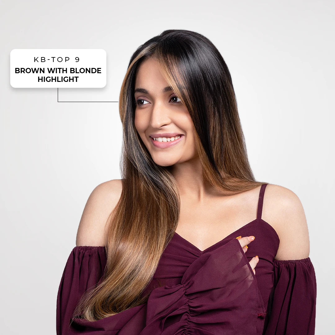 Front Line Clip-in Bangs | Japanese Fiber | Brown with Blonde Highlights | Natural Highlight Effect